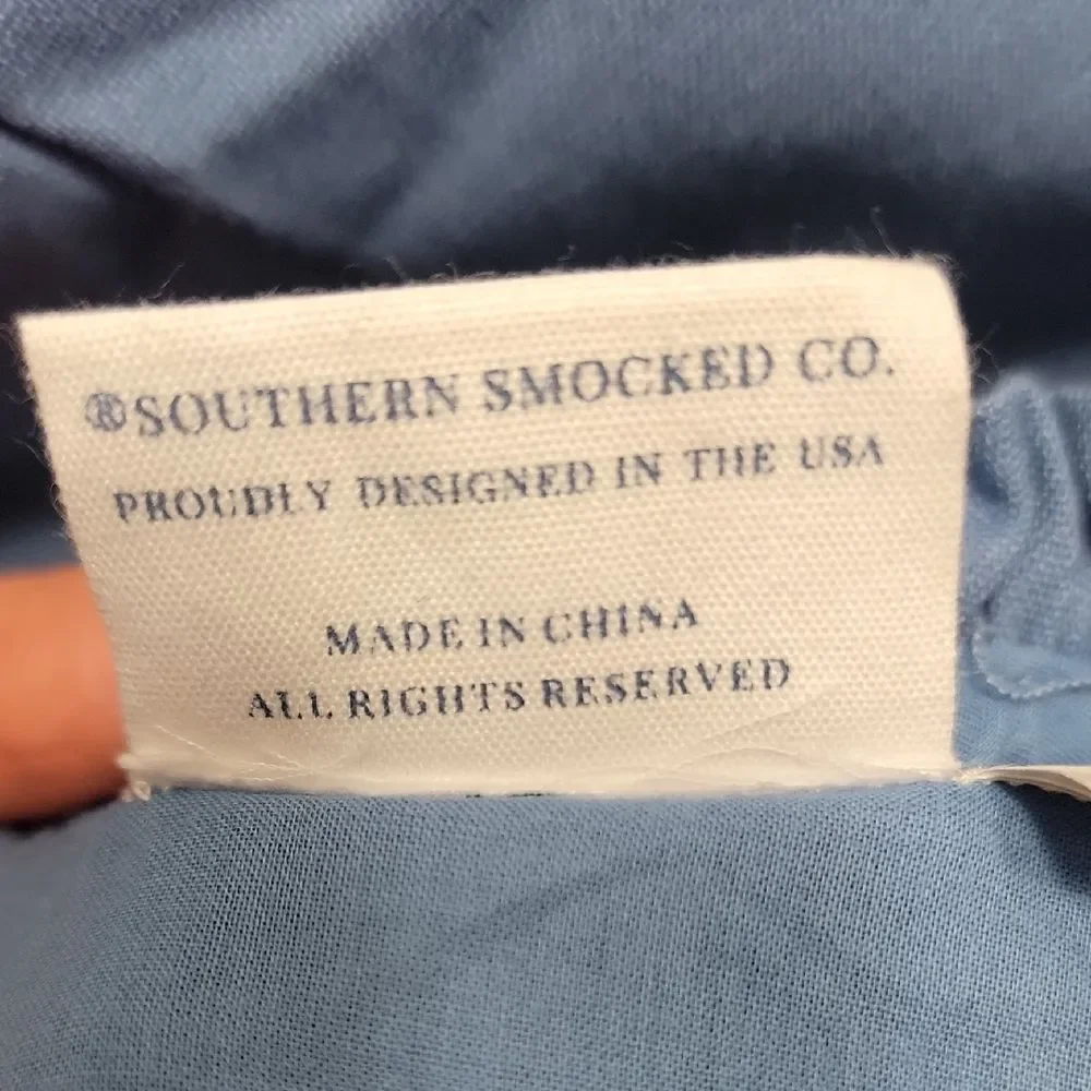 Blue Linen Blend Ruffle Neck Pocket Casual Girls Dress By Southern Smocked Co